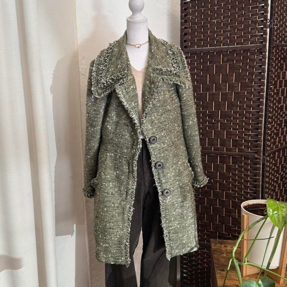 Women's Oversized green and white tweed coat with a boho vibe size Large